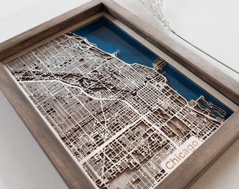 Chicago Wooden Map |  Unique Personalized Gift for Housewarming 5th Anniversary Birthday Wedding | Wood and Epoxy Resin