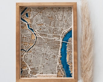 Philadelphia Wooden Map |  Unique Personalized Gift for Housewarming 5th Anniversary Birthday Wedding | Wood and Epoxy Resin