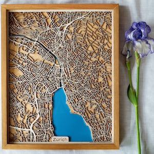 Zürich Karte aus Holz |  Einzigartiges personalisiertes Geschenk für Hauseinweihung 5. Jahrestag Geburtstag Hochzeit | Holz und Epoxidharz