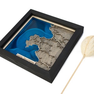 May include: A framed wooden map of Mahe, Seychelles, with a blue resin ocean and a wood grain island. The frame is black and the map is mounted on a wooden base.