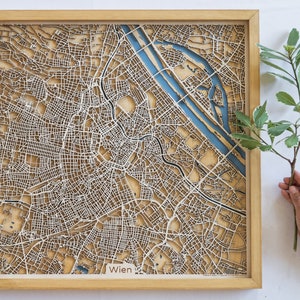 Vienna Wooden Map Unique Personalized Gift for Housewarming 5th Anniversary Birthday Wedding Wood and Epoxy Resin image 1