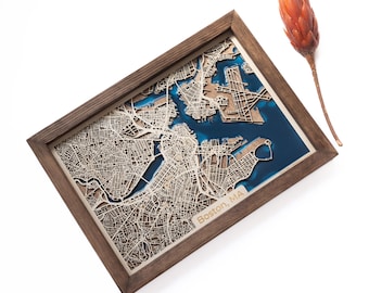 Boston Map aus Holz |  Einzigartiges personalisiertes Geschenk für Hauseinweihung 5. Jahrestag Geburtstag Hochzeit | Holz und Epoxidharz