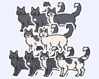 Grey/Gray Longhair Cats - 3" Solid and Tabby Cat Stickers