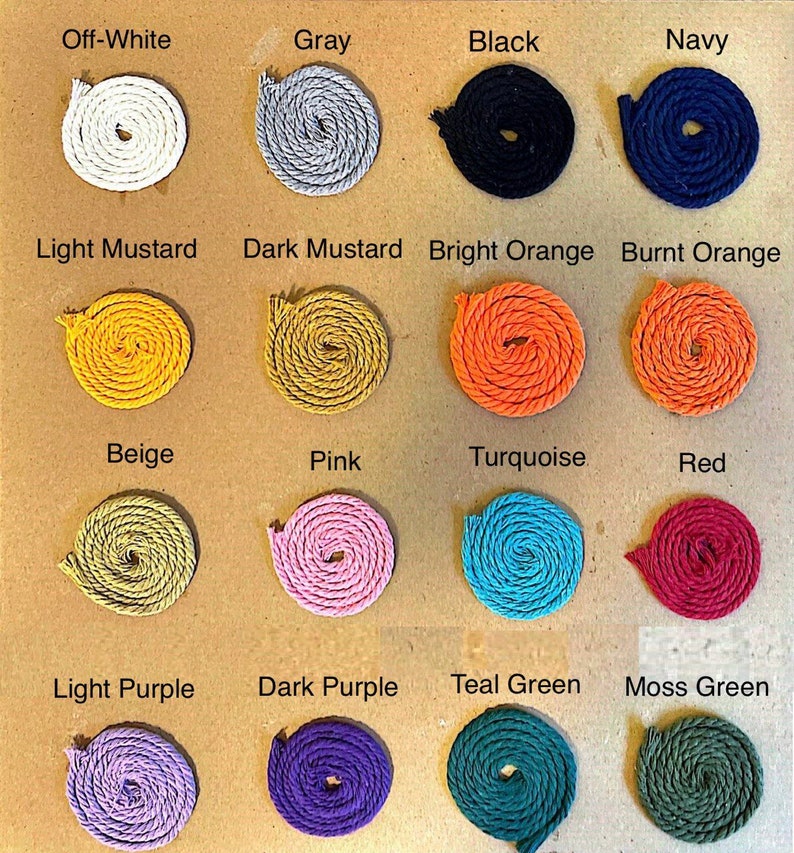 May include: A color chart of 16 different colors of rope. The colors are: off-white, gray, black, navy, light mustard, dark mustard, bright orange, burnt orange, beige, pink, turquoise, red, light purple, dark purple, teal green, and moss green.