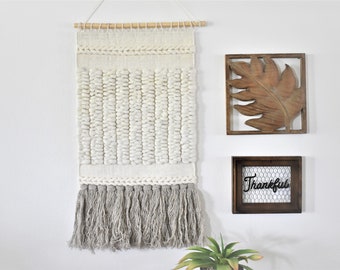 Medium Woven wall hanging, Textured Tapestry wall art, Gray & white Wall hanging, House warming, Minimal and Modern, Tassel wall hanging
