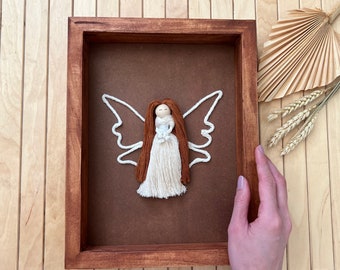 Framed Macrame Angel, Macrame Doll, Nursary Room Decor, Kids Room Decor, Handmade Gift, Gallery Wall, Small Framed Art Work, 8" x 10"