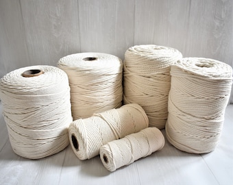 Corda de macramê natural de 1 mm/3 mm/4 mm/5 mm/6 mm, cordão de macramê branco, para projetos DIY de macramê, material para tapeçaria, cordão 100% algodão de 4 fios, fio macio para macramê