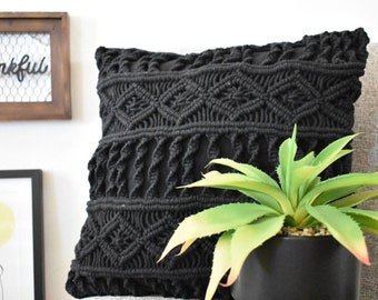 Black Macrame Pillow Case, 16x16 Macrame Pillow Cover, Handmade Decorative pillow, Zippered Macrame Cushion Cover