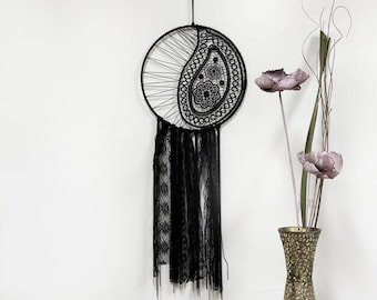 Black Dreamcatcher, Handmade Hanging art, Bohemian Decor, Bedroom decor, Boho chic, Dream catcher with tassels