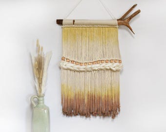 Dyed macrame wall hanging, Medium macrame wall hanging, White and mustard macrame wall art, Handmade wovengift tapestry, boho Wall decor