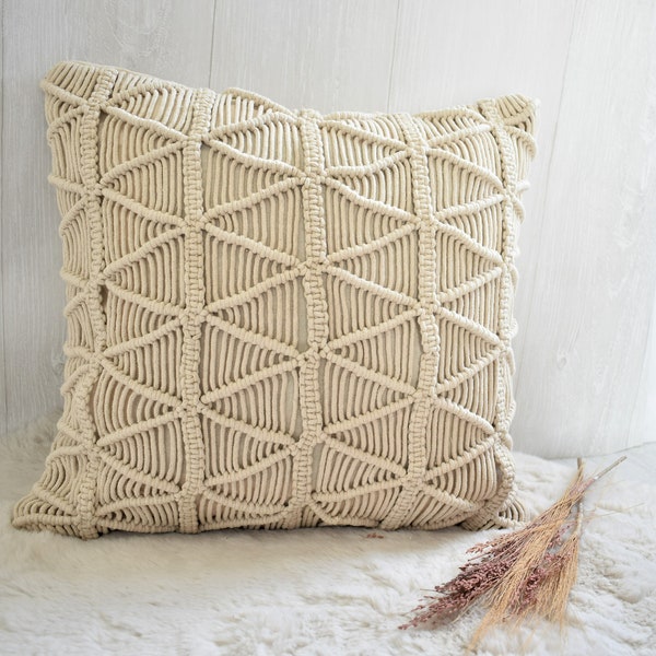 White Macrame Pillow Case, 16x16 Macrame Pillow Cover, Handmade, Zippered Macrame Cushion Cover, Hand woven Throw Pillow