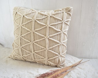 White Macrame Pillow Case, 16x16 Macrame Pillow Cover, Handmade