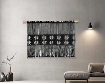 Large Black Tapestry , Large Macrame Wall hanging , Macrame headboard ,  Bohemian home decor, geometric wall art ,  Black diamonds ,Handmade