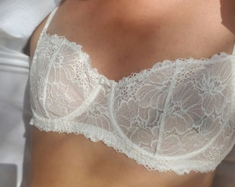 Ivory white sissy AA Cup Size underwire balconette Bra for Men. Glittering crossdresser lacy lingerie bra. Flat chested bra.