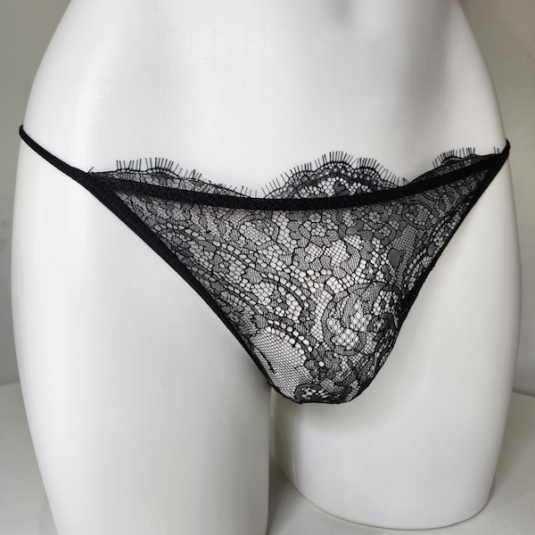 Beautiful see thru mesh lace g-string for men. Crossdresser female underwear. Ultra sheer stretchy feminine panties.