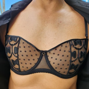 Lencería masculina, sujetador masculino, sujetador de encaje transparente para hombres, sujetador ajustado plano de copa AA negro