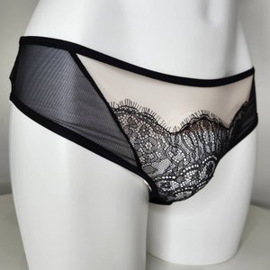 Men crossdressers black beige mesh lace panties thongs. Matching sissy lingerie bottoms.