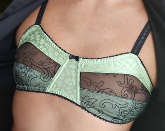 Crossdressing lingerie for men. Green satin lace flat AA cup bra for all plus size men too.