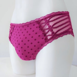 Women&#39;s panties for men purple polka dot. Bikini or Thongs. Crossdresser underwear. Sissy thong panties lingerie.