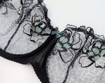 AA Cup Bra: Black Leopard Sheer Lace Lingerie, Crossdresser Underwire Bra