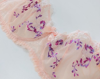 M2F Crossdressers lingerie set bra. Sissy mesh balconette bra AA cup for men. Warm apricot color with pink and purple.