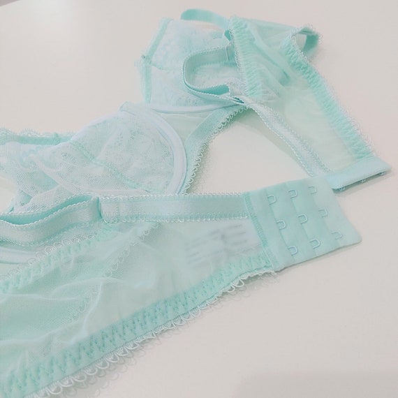 Men's Lace Bra in Aquamarine Blue. AA Cup Flat Sissy Balconette