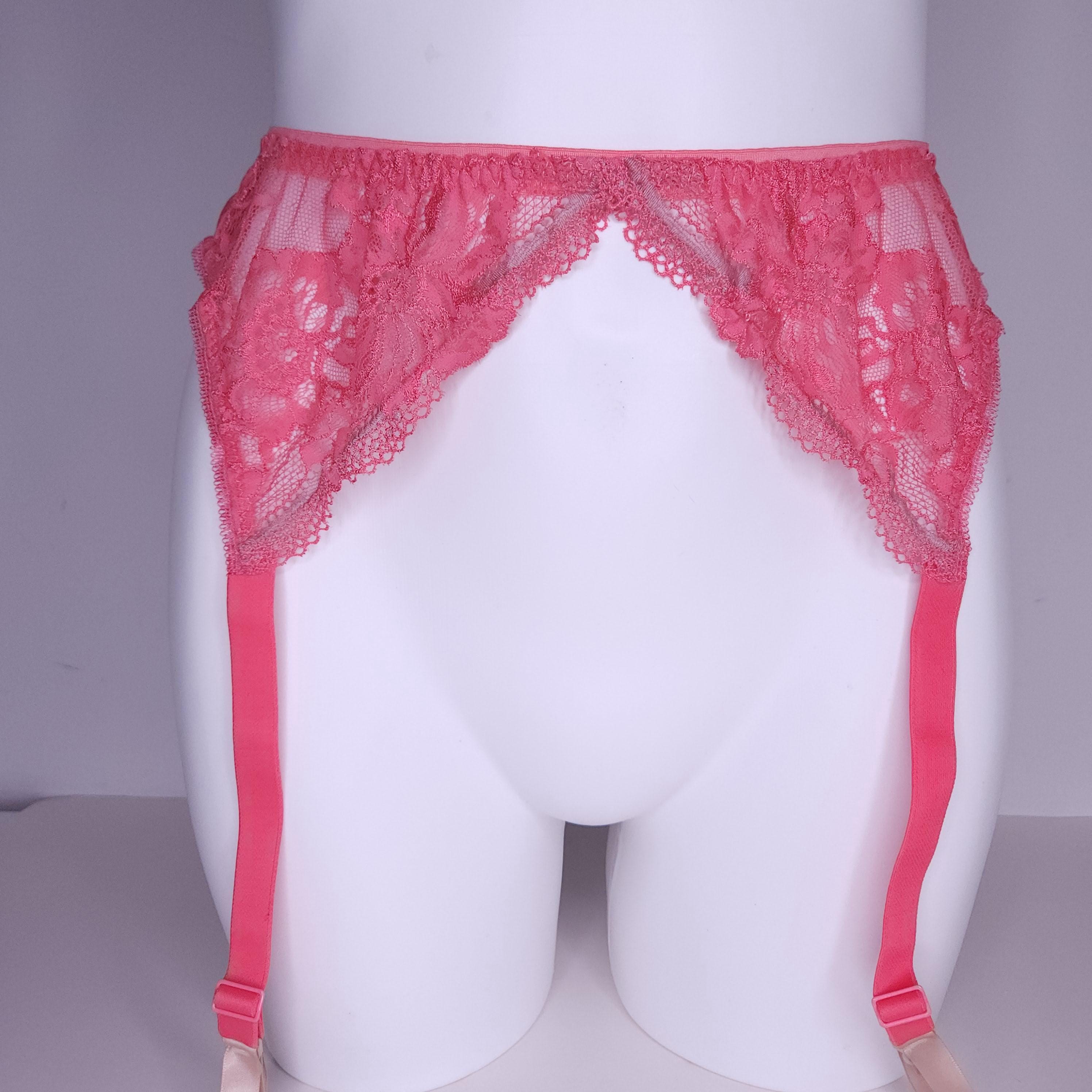 Crossdresser man peach pink lace garter belt. Sissy plus size lingerie.