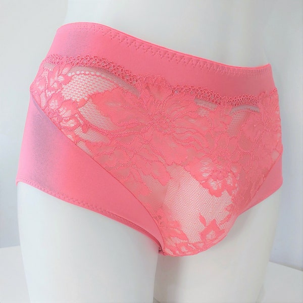 Sissy Peach Pink Brief for Men. Big guys comfortable lace underwear XXXXL. Sissy matching lingerie set bottom.