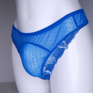 High Cut Panties in Ocean Blue Sheer Mesh. Womens Lingerie