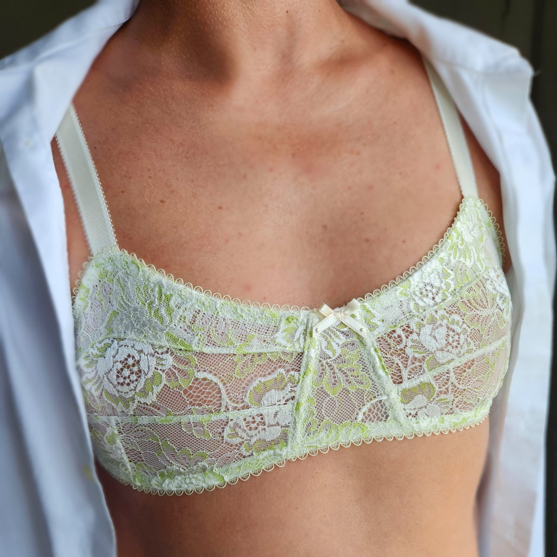 Custom Bras for Men AA Soft Cup in Extended Band Sizes. Green White Lace  Sexy Crossdressing. 