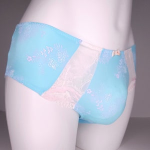 Men's Sissy Lingerie Blue with White and Pink Lace. Sissy Lace Lingerie for Men.