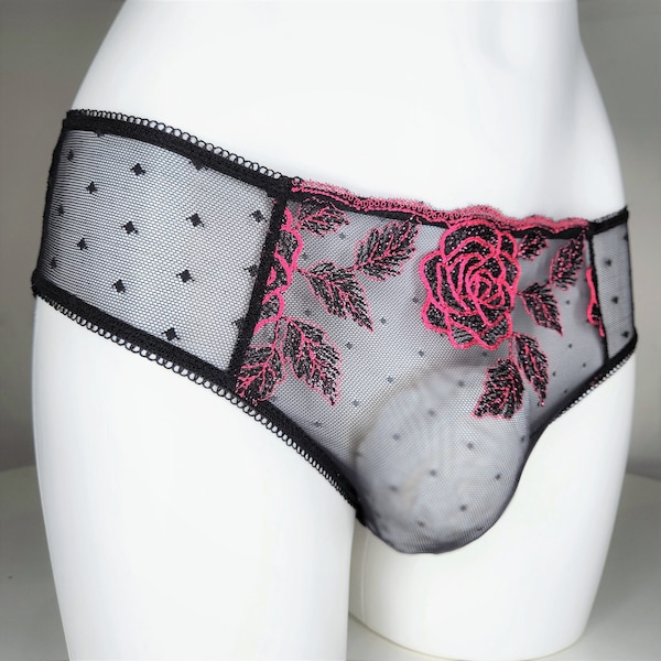 Pink roses sissy panties for men, see through black mesh elastic. Black and pink men's lingerie sets.