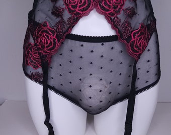 Black sheer sissy garter belt for crossdressers. M2F Lingerie for Men. Pink roses lingerie.