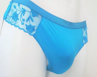 Sissy panties for men, Blue Lace Mens Bikini, Crossdresser L