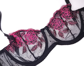M2F Crossdressers black underwire bra or bralette - high quality. Pink roses AA cup sissy lingerie.