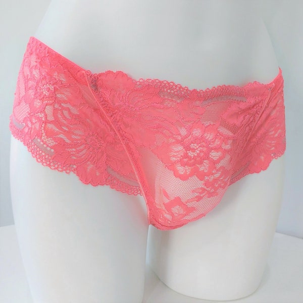 Peach Stretchy Lace Sissy Thongs for Men. Classy transgender, crossdresser thongs. Femboy lingerie set. Plus Sizes.