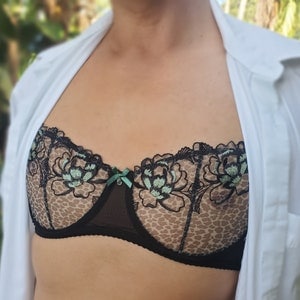 AA crossdresser underwire bra for men. Sheer lace black leopard print lingerie set bra top. Male flat training bra.
