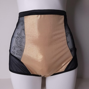 Cross dress lingerie in black and gold. Sissy panty high waist style. Matching m2f lingerie Men.