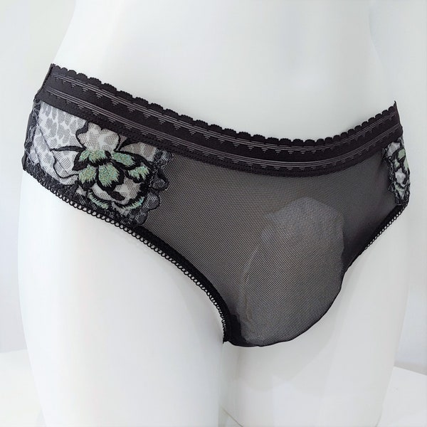Sissy Panties for Men. Feminine Men's Panties. Black and shimmering green. Ultra see thru panties. Extra large XXXL