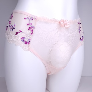 Crossdressing See Through Lace Thongs and Bikini Panties in warm apricot color. Sissy ultra soft mesh lace lingerie set bottom.
