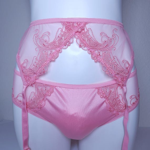 Pink Sheer Sissy Garter Belt for Crossdressers. M2F Lingerie for Men