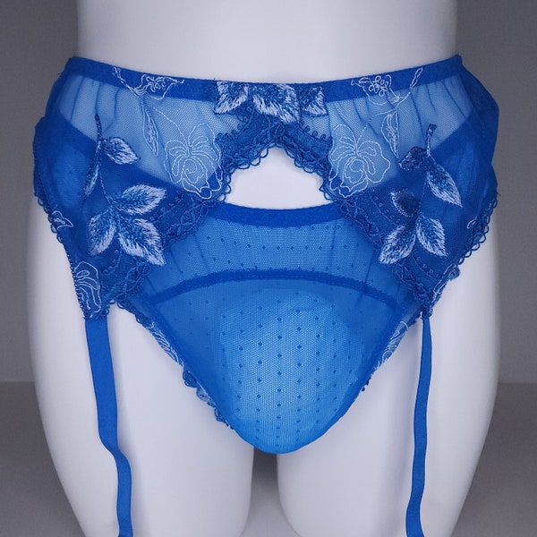 Blue Sissy Garter Belt Sheer Mesh. Sissy Lingerie for Men. Crossdresser Matching Lingerie.