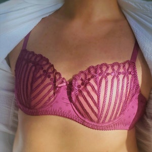 Purple sheer lace bra for men. Cross dresser sissy bra lingerie AA cup. Luxury silky underwire bra for men.
