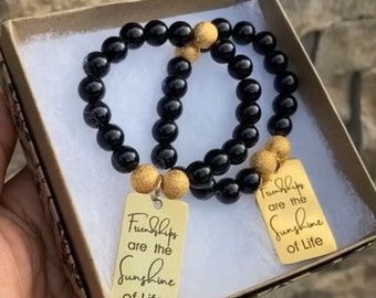 2 “Friendships are the Sunshine of Life” Black Jasper & Stardust Gemstone Bracelets