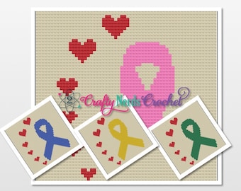 Awareness Ribbon Side of Hearts Pattern Graph With Single Crochet and C2C Written, Ribbon Graphgan, Ribbon Blanket, Ribbon Crochet Pattern