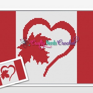 May include: A crochet pattern for a Canadian flag with a heart shape and a maple leaf inside. The pattern is shown in a small version in the bottom left corner of the image.