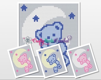 May include: A crochet pattern featuring a blue bear sitting on a crescent moon with stars in the background. The pattern is available in three color variations: blue, pink, and yellow.