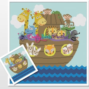 May include: A cross-stitch pattern depicting Noah's Ark with various animals, including giraffes, lions, monkeys, and rabbits. The ark is brown, with blue water and a light blue sky background. The image includes a smaller inset image of the same design.