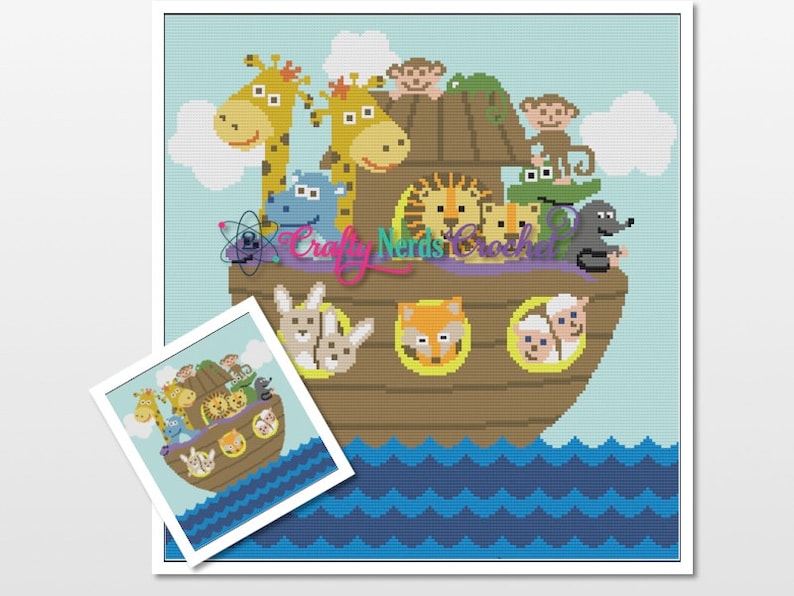 May include: A cross-stitch pattern depicting Noah's Ark with various animals, including giraffes, lions, monkeys, and rabbits. The ark is brown, with blue water and a light blue sky background. The image includes a smaller inset image of the same design.