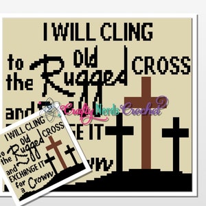 May include: A beige background with black text that reads "I will cling to the old rugged cross and I will cling to the old rugged cross and exchange it for a crown". There are three black crosses and one brown cross on a black hill.